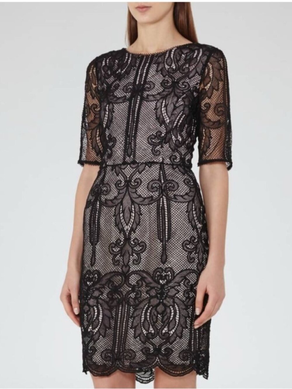 REISS Zola Lace Sheath Dress Size 8 Black Cream Neutral - Picture 2 of 13